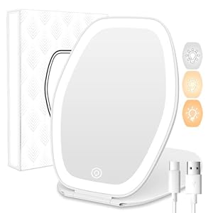 Travel Makeup Mirror with Light: 3 Color Lighting Portable Mirror with Touch Screen Rechargeable Adjustable LED Lights Vanity Hexagon Mirror for Travel, Desk, Home (White)