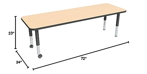Image of Sprogs Adjustable Height Mobile Classroom Activity Table for Preschools, Rectangle Preschool Activity Table with Casters, 24 inchD x 72 inchW x 23 inchH, Maple /Black