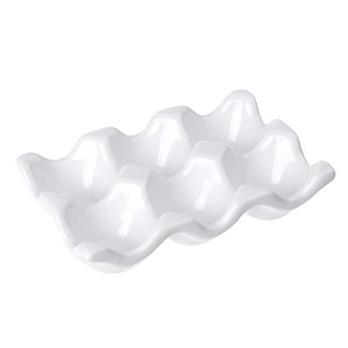 Ceramic 6 Cups Egg Tray - Half Dozen Porcelain Egg Holder Container Keeper Storage Organizer Decorative Serving Dish Plate for Refrigerator Fridge Countertop Display Kitchen Home (White)