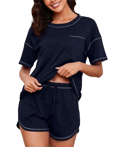 Image of KCW Pajamas for Women Set 2 Piece 100% Cotton Lounge Sets Short Sleeve Top and Shorts Pj Set Sleepwear Outfits