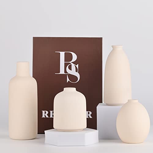 Small Flower Vase Set Of 4, Decorative Small Ceramic Vase Beige, Small Beige Vases For Dried Flowers&Pampas Grass, Farmhouse Tables Centerpieces, Home Living Room Office Parties Wedding #TOP3