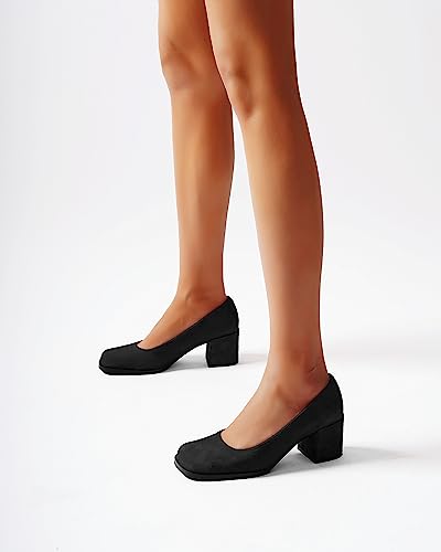 FEMSTEP Womens Suede Leather Dating Square Toe Slip On Cute Chunky Low Heel Pumps Shoes 2.2 Inch2