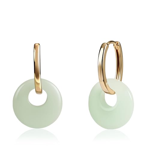 Gold Jade Hoop Earrings, Green Donut Shaped Jade Jewelry for Women