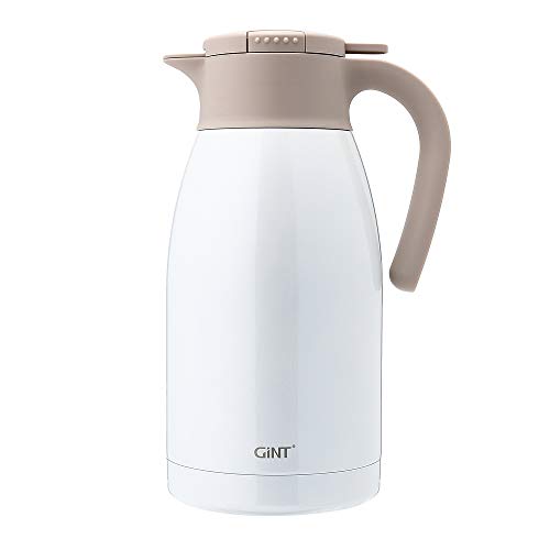 GiNT Stainless Steel Thermal Coffee Carafe with Lid/Double Walled Vacuum Thermos / 12 Hour Heat Retention (White, 1.9L)