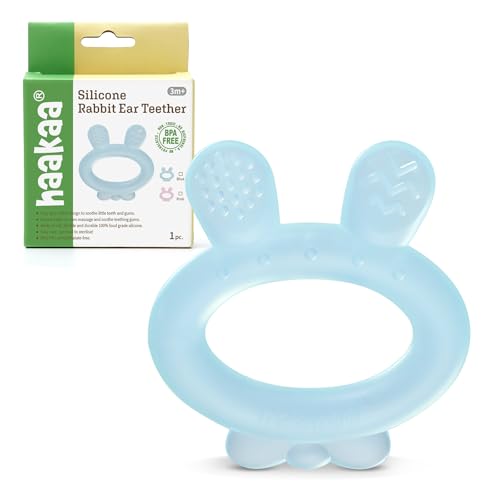 Image of Haakaa Silicone Baby Teether - Rabbit Ear Frozen Teething Toy for Babies 3-6 Months- Cold Teething Relief - BPA Free Silicone -Blue