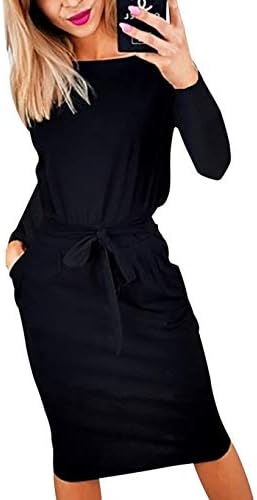 PRETTYGARDEN 2023 Fashion Fall Dresses for Women Casual Long Sleeve Belted Party Bodycon Sheath Pencil Dress (Black,Small)