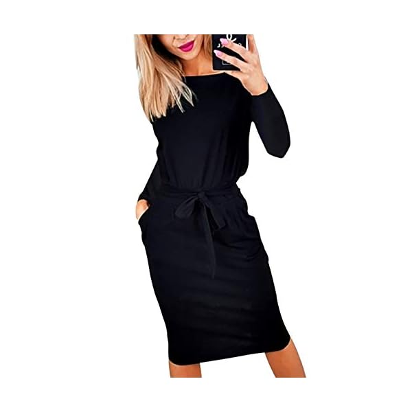 PRETTYGARDEN 2023 Fashion Fall Dresses for Women Casual Long Sleeve Belted Party Bodycon Sheath Pencil Dress (Black,Medium)