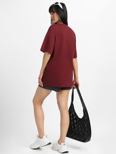 Image of JUNEBERRY Pure Cotton Oversized Baggy Fit Half Sleeve Drop Shoulder Plain Solid Round Neck T-Shirt for Women (Available in Black, White, Lilac, Cork, Maroon, Royal Blue, Swan White, Soap Nut Colors)