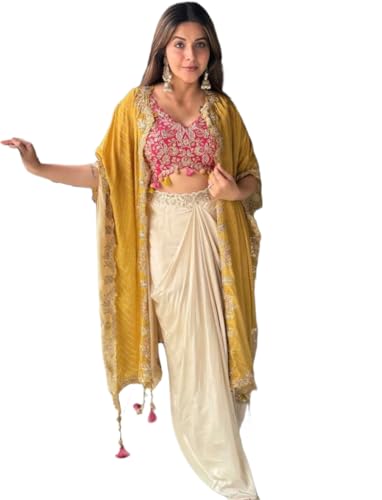 Image of Women Indo Western Dhoti Set with Blouse and Shrug Sequins Embroidery Bandhani Print Ethnic Wear