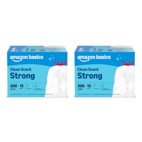 Image of Amazon Basics Scented Trash Bags, Tall Kitchen Drawstring, Clean Fresh Scent, 13 Gallon, 200 Count, Pack of 2, Packaging May Vary