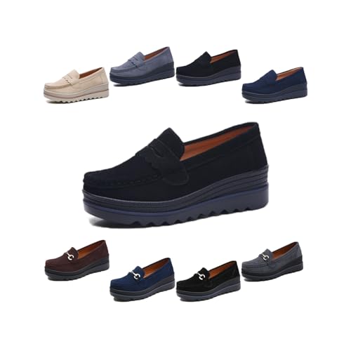 Women's Comfortable Soft Thick Height-Enhancing Loafers, Fashionable Slip-on Comfortable Suede Lightweight Walking Shoes (Black, Adult, Women, 4.5, Numeric, US Footwear Size System, Medium)