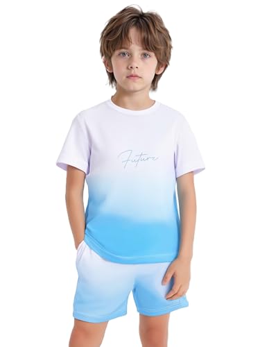 Kids Boys 2piece Gradient Outfits Quick Dry Short Sleeve T Shirts And Shorts Set Football Sport Training Uniform Light Blue 13-14 Years