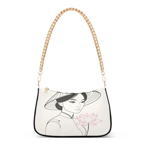 Shoulder Bag for Women with Lotus Design and Zipper Closure