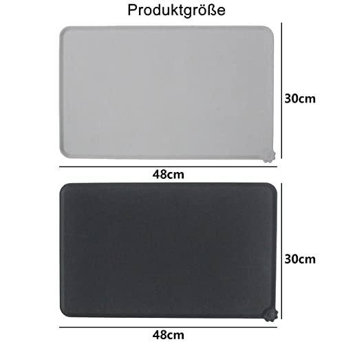 2-teiliges Set Napfunterlage Hund Katzen,wasserdichte und rutschfeste Silikon Fressnapf Unterlage für Futternäpfe Wassernapf,Futtermatte 48x30cm (Schwarz&Grau)