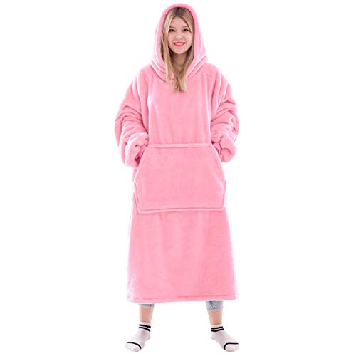 Image of Waitu Wearable Blanket Sweatshirt Gifts for Women and Men, Warm and Cozy Giant Blanket Hoodie, Thick Flannel Blanket with Sleeves - Bright Pink