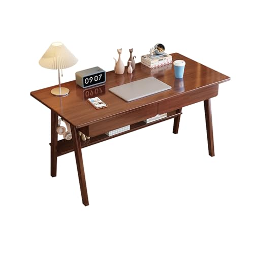 Bureau d'ordinateur 140 cm marron double crochet et tiroirs de rangement avec étagère basse - 2