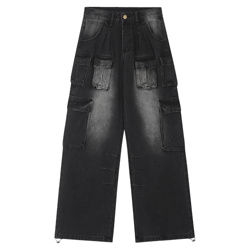 Maiyifu-GJ Men's Straight Leg Mid Rise Jeans Loose Hip Hop Denim Pants Baggy Retro Streetwear Jean Trousers (Black,X-Large)