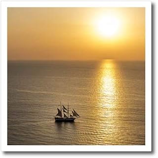 6x6 Iron on Heat Transfer for White Material - Greece, Santorini, Cyclades. Sailboat on ocean at sunset. Places