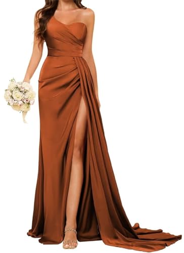 HPPEE Damen One Shoulder Brautjungfernkleider für Hochzeit Meerjungfrau Lang Satin Ballkleid mit Schlitz, burnt orange, 36