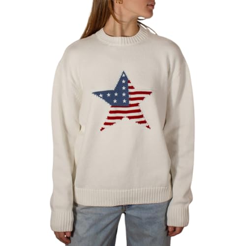 Image of Womens American Flag Sweater Long Sleeve Crew Neck Star Graphic Knit Pullover Tops Casual Loose USA Sweater