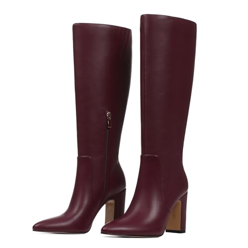 LinnOaks Women Knee High Boots Chunky Heel Wide Calf Leather Pointed Toe Side Zipper Fashion Party Dress Long Tall Boots For Women burgundy size9.5