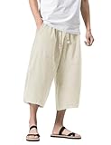 MAGNIVIT T Men's 3/4 Pants Casual Baggy Cotton Linen Lounge Harem Pants Beach Long Shorts Beige 34