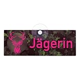 Wilde Hilde Original JÄGERIN PINK Premium Jagdschild mit starkem Saugnapf für die Autoscheibe aus formstabilem Aluverbund, UV- und Witterungsbeständig, 18 x 6.5 cm - MADE IN GERMANY