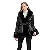 GRAN ORIENTE Women's Faux Leather Jacket with Faux Fur Collar, Winter Long Sleeve Furry Trim Peplum Parka Coat with Belt