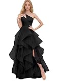 A-Line Evening Dresses for Women 2025 Tulle Prom Dress with Side Slit Long One Shoulder Formal Wedding Guest Dresses Black
