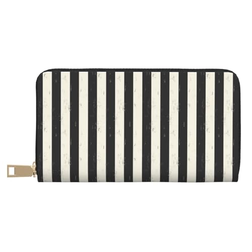 Leather Thin Slim Wallets for Women & Men - Black White Thick Stripes Print Card Wallet Holder with Zipper