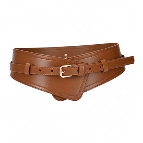 Ceinture large caramel pour femme en cuir de vache double couche et boucle alliage