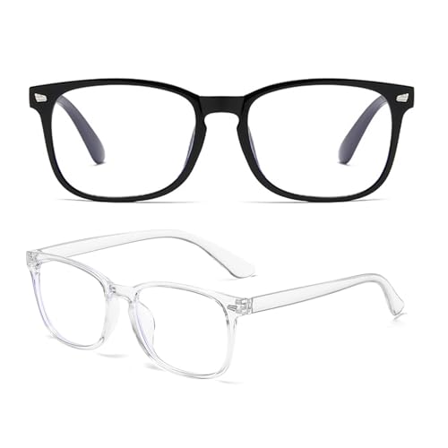 WENJIO 2 Stück Blaulichtfilter Brille Lesebrille Unisex Schwarz Transparent Anti-Blaulicht Computerbrille UV-Schutz Rechteckige Rahmen Brille für Damen und Herren Bildschirmarbeit Lesen
