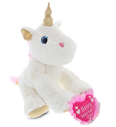 Dollibu Happy Mother's Day Super Soft White & Gold Unicorn Plush Figure - Cute Stuffed Animal With Pink Heart Message For Best Mommy, Grandma, Wife, Daughter - 11.5" Inch #TOP28