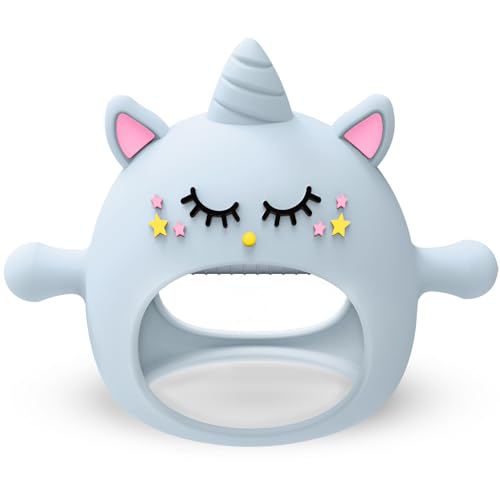 Teething Toys for Babies 0-6 Months, Tinabless Unicorn Never Drop Silicone Teether for Babies 6-12 Months, Hand Pacifier for Breast Feeding Baby, Baby Chew Toys Freezer Safe for Newborn, Blue
