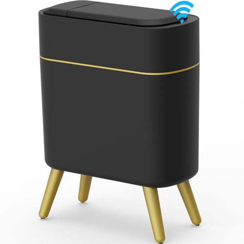 Image of Yatmung Bathroom Trash Can Automatic Touchless - Modern Smart Trash Bin | Narrow Waste Basket for Bedroom, Laundry Room, Office, Plastic - Motion Sensor Garbage Can with Lid - Black with Gold Edge