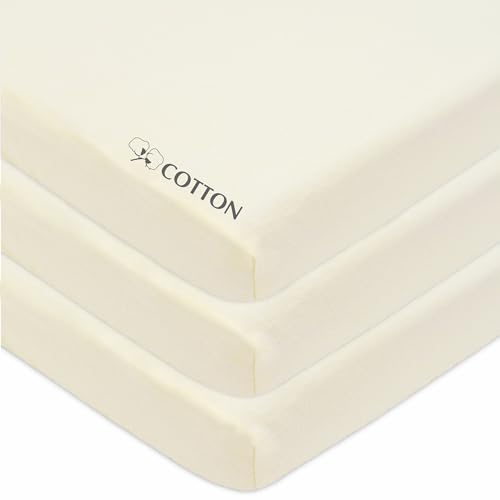 Image of American Baby Company 3 Pack 100% Natural Cotton Fitted Mini Crib Sheets 38" x 24" - Soft & Breathable Small Nesting Portable Sheets, Fits Pack N Play Mattresses, Cream, for Boys & Girls