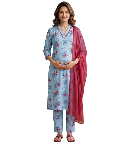 Image of DUMMY SHAPE Maternity Dresses for Women Cotton | Floral Kurta Pant Dupatta Set with Nursing Zippers, Side Pocket | Pre & Post Pregnancy | Feeding Kurti Suit | Baby Shower | Gifts for Pregnant Woman