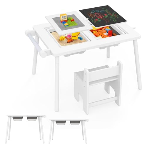 Image of Costzon Kids Table and Chair, 6 in 1 Sensory Desk Set w /Storage Bins, White & Black Board, Building Blocks and Paper Roll for Drawing & Sand Water Playing, Toddler Table and Chair Set (White)