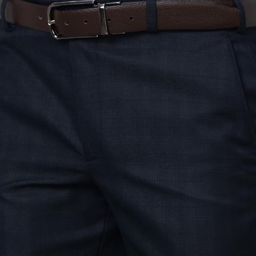 Image of Park Avenue Men's Smart Fit Polyviscose Blend Flat Front Checks Pattern Fancy Blue Formal Trouser