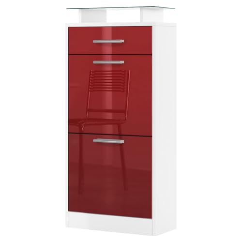 Vladon Meuble Chaussure Loret V2, Étagère à Chaussures pour 8 Paires de Chaussures avec 2 clapets, 1 tiroir et Une Tablette en Verre, Blanc Mat/Bordeaux...