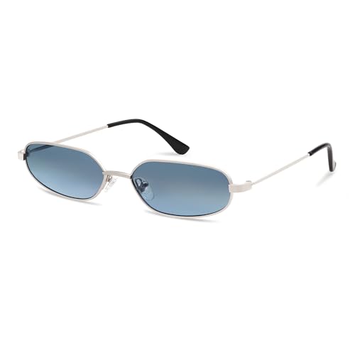 Small Oval Sunglasses For Women Men Retro Rectangle Metal Sun Glasses AP3685,Silver/Blue