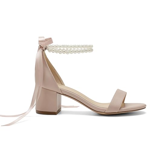 Women's Block Heels Pearl Wedding Shoes for Bride, Open Toe Chunky Low Heel Bridal Shoes3
