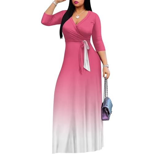 Image of PinkPatty Women's Print Maxi Dresses 3 /4 Sleeve Flowy Long Dress V Neck Wrap Tie Waist Sundress