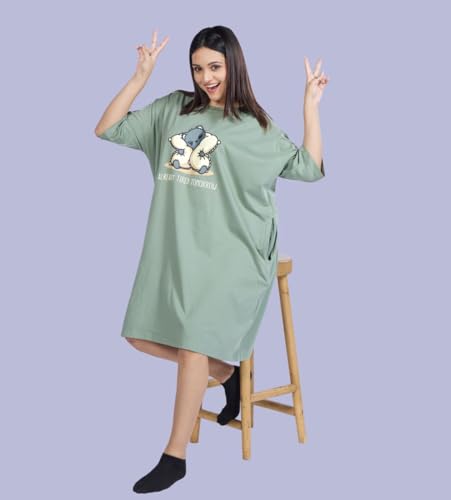 Image of LAMA STORE Women's Printed Oversized T-Shirt Dress, Cotton, 3 /4 Sleeve Length, Casual Loose Fit, Comfort Wear Extra Comfy Oversized Printed Pocket T-Shirt Dress
