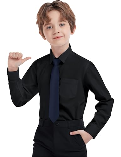 AmazingSea Boys Dress Shirts Long Sleeve, Kids Boys Black Button Down Shirt Wrinkle-Free for Formal & Casual (Size 6, Black)
