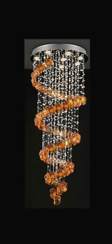 Image of Sanleen Modern Spiral Crystal Chandelier, Amber and Clear Glass, Chrome Finish, Ceiling Mount, Orange