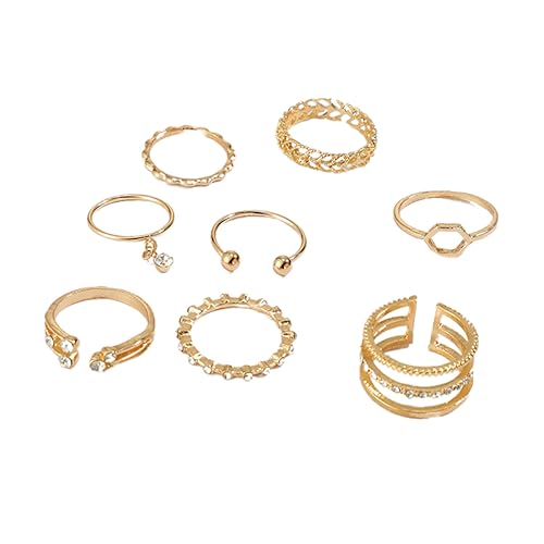 KESYOO 8Pcs Adjustable Open Rings Set for Women Fashion Rhinestone Studded Lady Finger Jewelry Golden Accessory for and Ladies