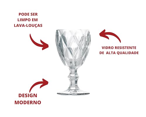 Conjunto de 6 Taças Água Vinho Suco Vidro Diamond Transparente Detalhes em Alto Relevo Capacidade de