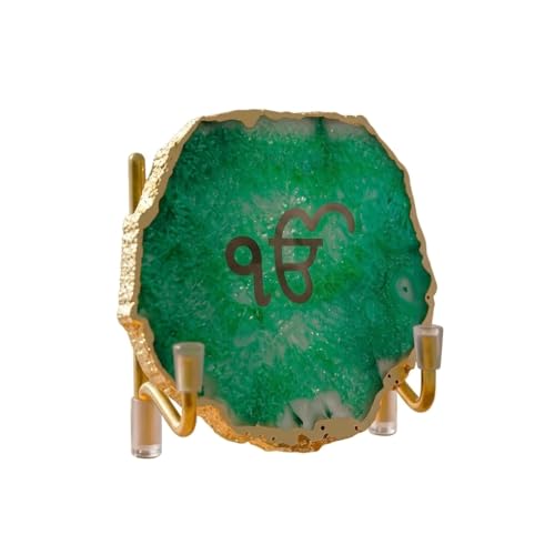 Image of Ik Onkar Metal Holder with Green Agate Showpiece | Spiritual Home Decor | Sacred Symbol Display | Green Stone Accent | Meditation Space Decoration | Meaningful Gift Choice