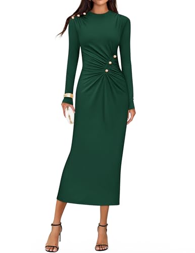 ZESICA Womens 2026 Fall Long Sleeve Mock Neck Bodycon Midi Dress Ruched Knit Elegant Party Cocktail Formal Dresses,Green,Medium